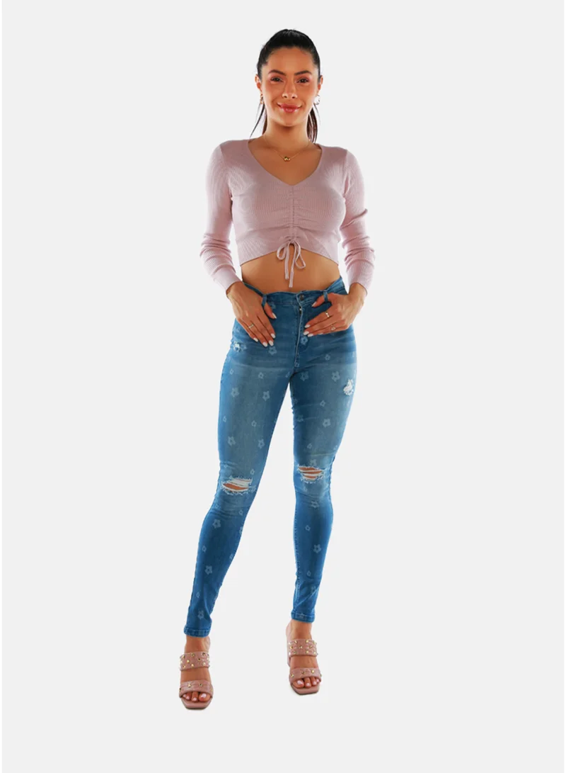 London Rag Printed Ripped Slim Fit Blue Denim Pants