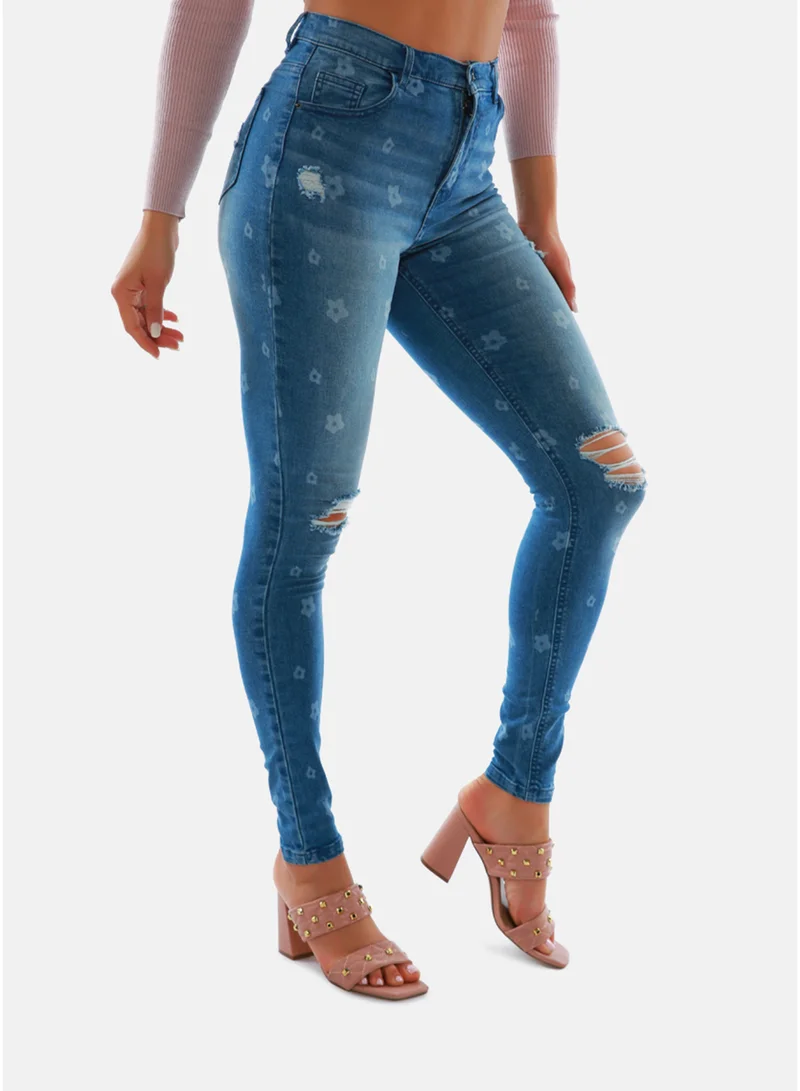 London Rag  London Rag Printed Ripped Slim Fit Blue Denim Pants for Women | Best Price UAE