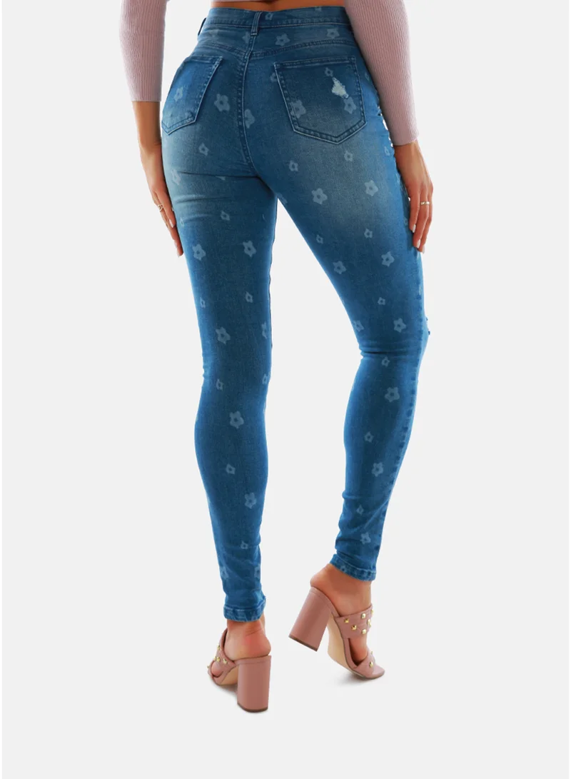 London Rag  London Rag Printed Ripped Slim Fit Blue Denim Pants for Women | Best Price UAE