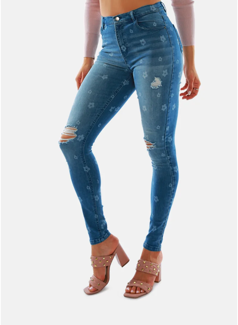 London Rag  London Rag Printed Ripped Slim Fit Blue Denim Pants for Women | Best Price UAE