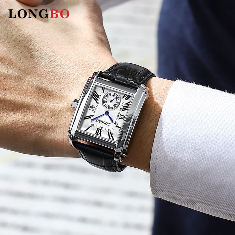 LONGBO Men's Rectangular Watch, Alloy Case, Genuine Leather Strap, Waterproof, Men - Analogue - Image 2