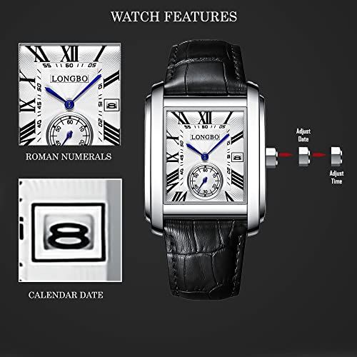 LONGBO Men's Rectangular Watch, Alloy Case, Genuine Leather Strap, Waterproof, Men - Analogue - Image 4
