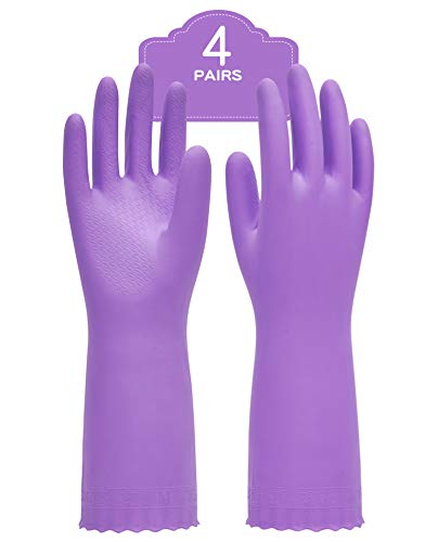 PACIFIC PPE 4 Pairs Reusable Dishwashing Cleaning Gloves with Latex Free Cotton Lining Kitchen Gloves Purple Medium