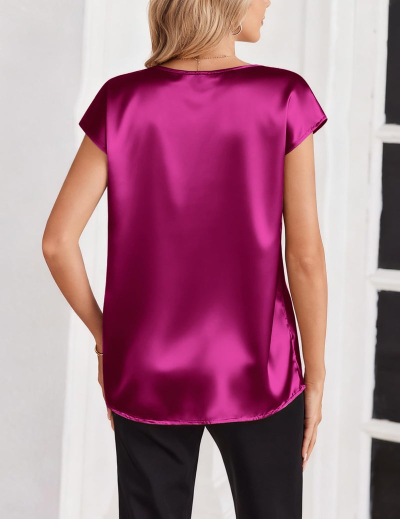 Zeagoo Ladies Tops and Blouses Short Sleeve Satin Tunic V Neck Basic Silk Shirts Casual Valentine's Day Clothes Rose Red - Image 4