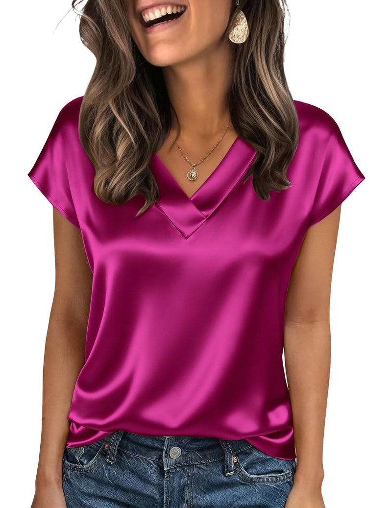 Zeagoo Ladies Tops and Blouses Short Sleeve Satin Tunic V Neck Basic Silk Shirts Casual Valentine's Day Clothes Rose Red - Image 1