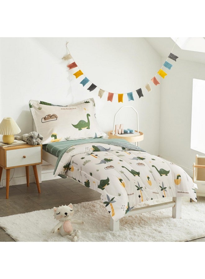 Joyreap 4 Piece Dinosaur Toddler Bedding Set, Cotton Toddler Comforter Sheet Set, Green Dinosaurs Print on White Design for Kids Boys n Girls - Image 2