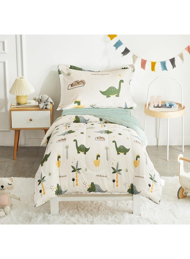Joyreap 4 Piece Dinosaur Toddler Bedding Set, Cotton Toddler Comforter Sheet Set, Green Dinosaurs Print on White Design for Kids Boys n Girls - Image 1