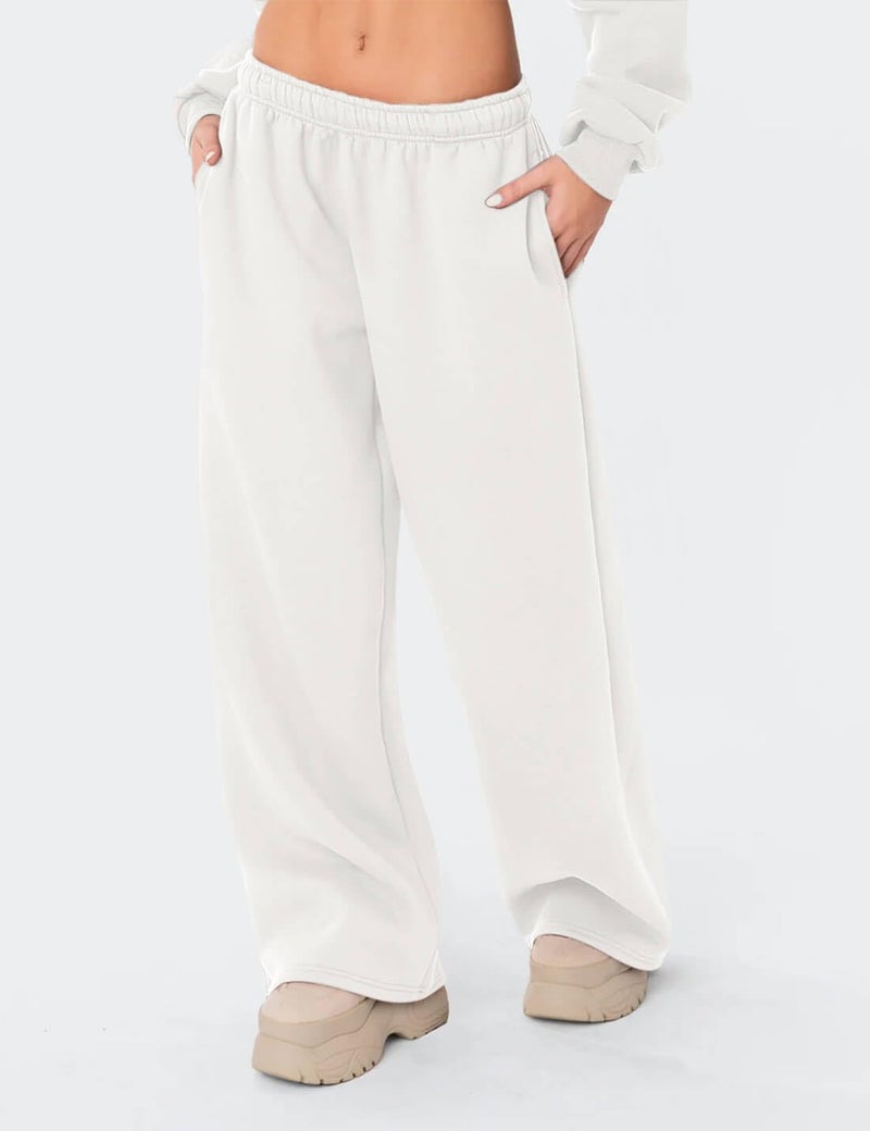 HeSaYep Women's Fleece Lined Sweatpants Wide Leg Baggy High Waisted Sweat Pants Drawstring Lounge Trousers Y2K Straight Leg Sherpa Pants White M - Image 3