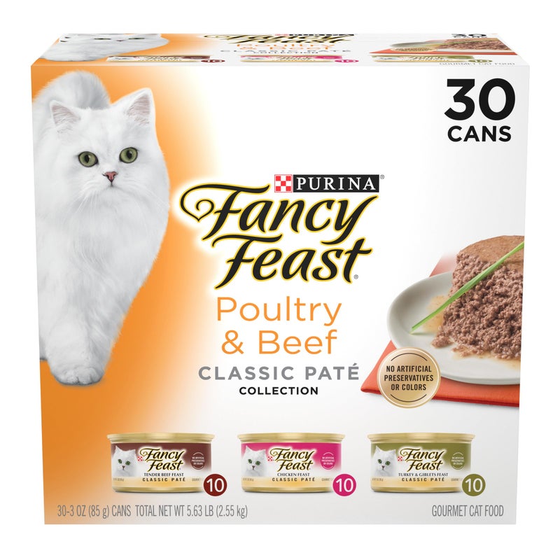 Fancy Feast Poultry and Beef Feast Classic Pate Collection Grain Free Wet Cat Food Variety Pack - (Pack of 30) 3 oz. Cans - Image 1