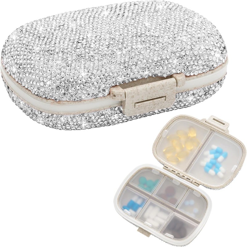 Soleebee Portable 8 Compartments Daily Pill Organizer, Bling Crystal Diamond Pill Box, Small Travel Pill Case, Pill Dispenser, Medicine Container Organizer to Hold Vitamin, Fish Oil (Silver)