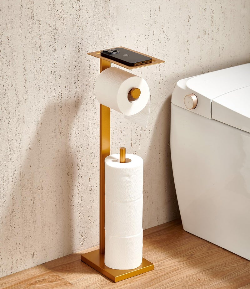 Miyili Bathroom Lavatory Toilet Paper Holder with Shelf Stainless Steel Freestanding Toilet Tissue Roll Holder Square Style Gold, F04G2 - Image 4