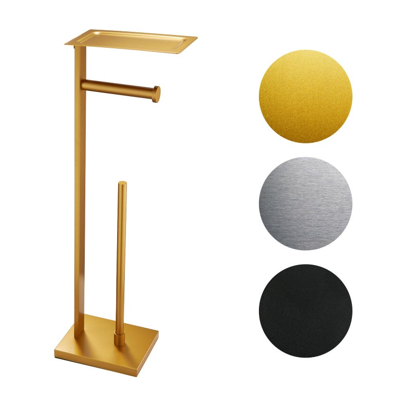 Miyili Bathroom Lavatory Toilet Paper Holder with Shelf Stainless Steel Freestanding Toilet Tissue Roll Holder Square Style Gold, F04G2 - Image 1