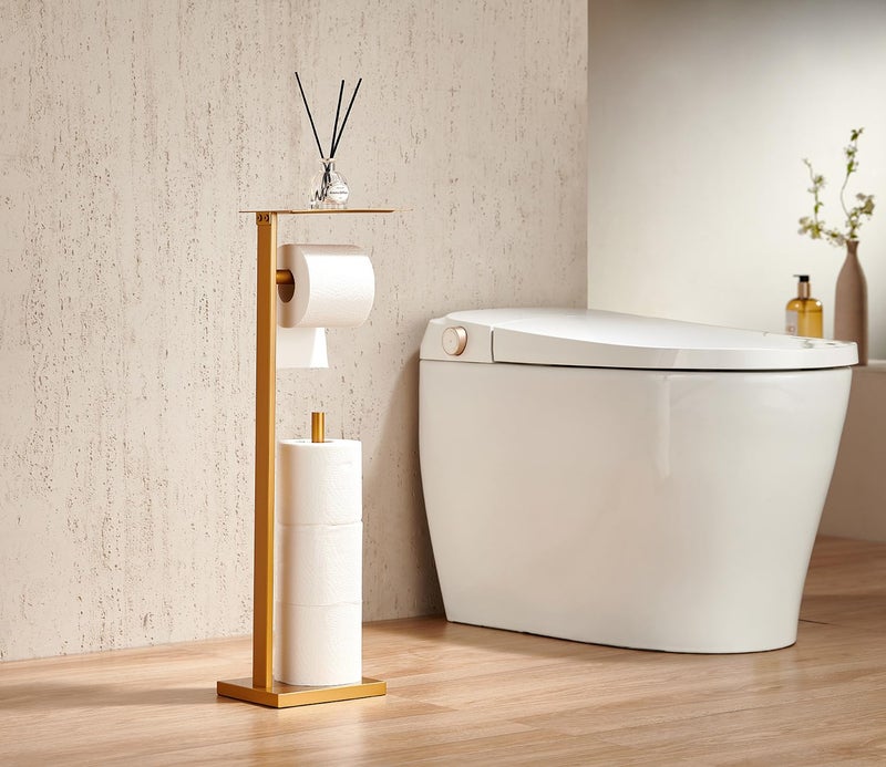 Miyili Bathroom Lavatory Toilet Paper Holder with Shelf Stainless Steel Freestanding Toilet Tissue Roll Holder Square Style Gold, F04G2 - Image 3