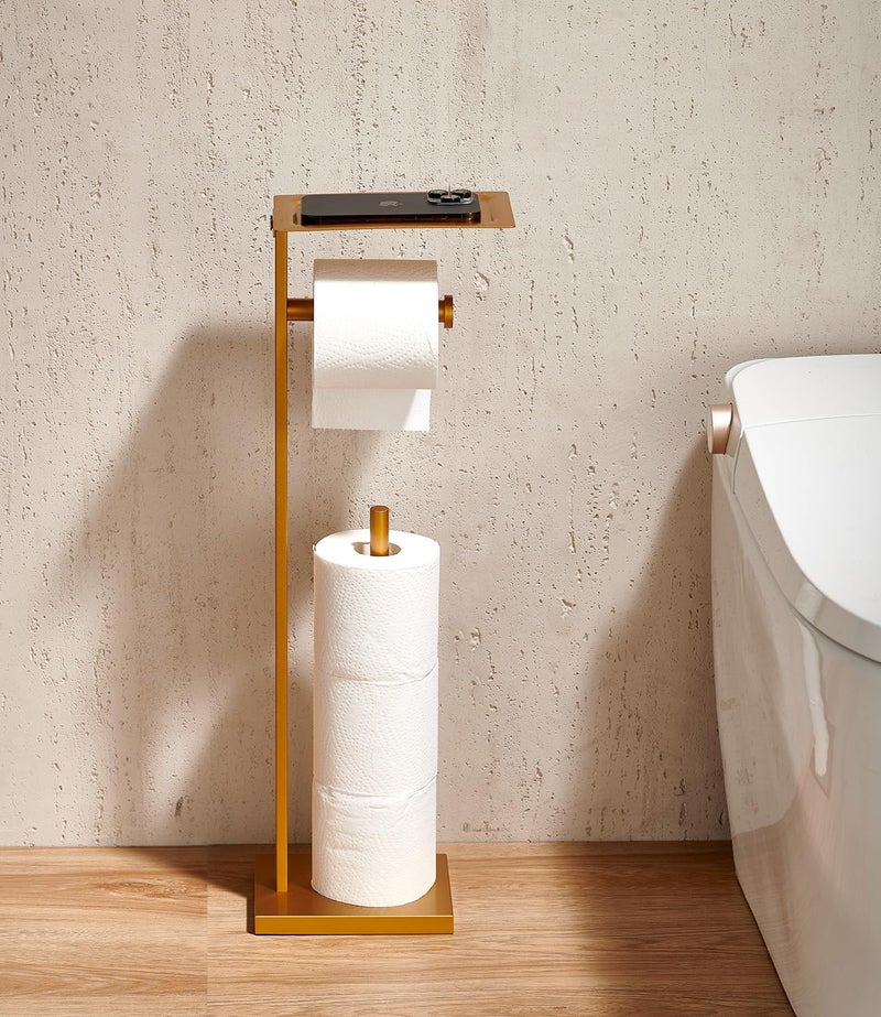 Miyili Bathroom Lavatory Toilet Paper Holder with Shelf Stainless Steel Freestanding Toilet Tissue Roll Holder Square Style Gold, F04G2 - Image 5
