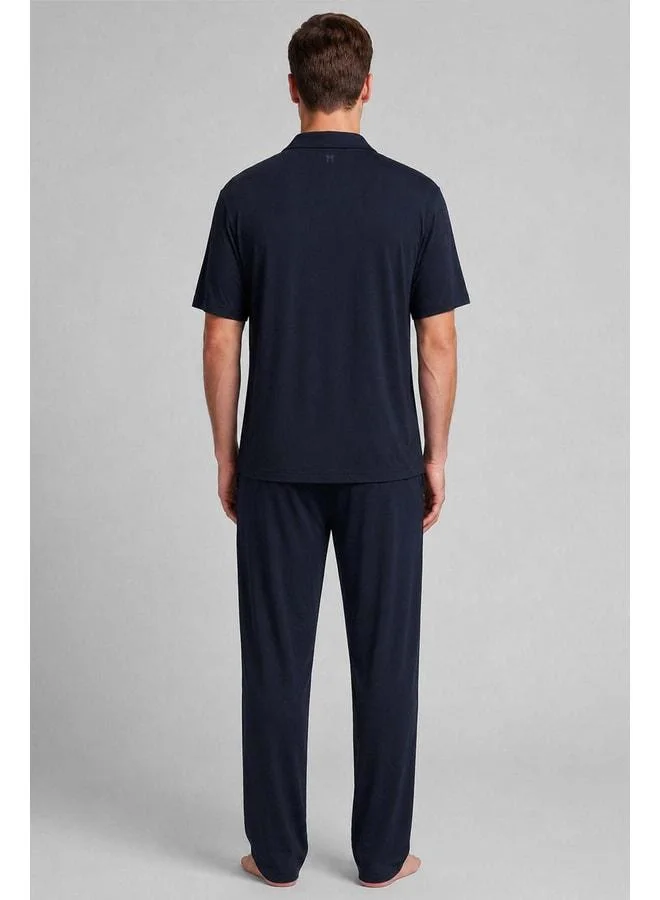 Aytuğ Egyptian Men's Modal Blend Button-Down Pajama Set Dark Navy.