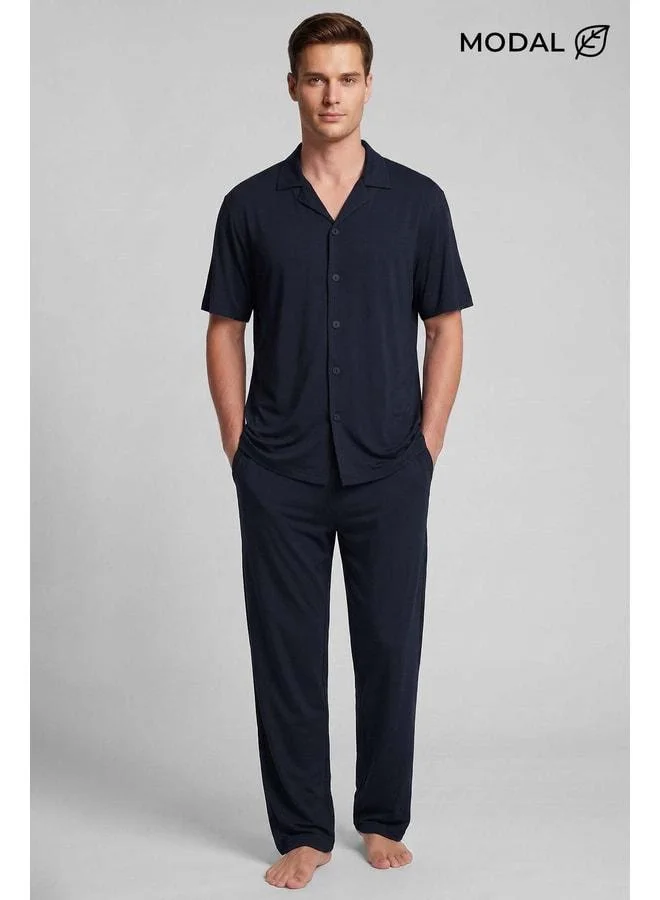 Aytuğ Egyptian Men's Modal Blend Button-Down Pajama Set Dark Navy.