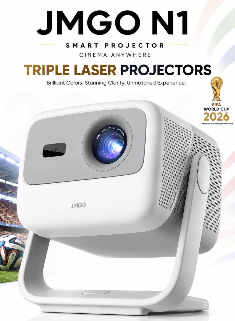 JMGO N1 Triple Laser Smart Projector, 800 CVIA (1800 ANSI Lumens), FHD, 4K HDR10 Support, Android TV 11, Blu Ray 3D, Dolby Audio, Dynaudio Speakers, 240Hz Gaming, Wi Fi 6, Bluetooth 5.0, Smart Eye Protection - Image 1