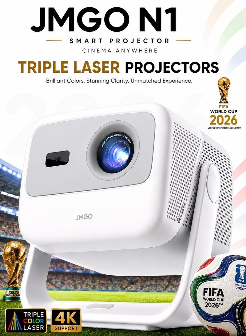 JMGO World Cup as never before with JMGO N1 Triple Laser Smart Projector, 800 CVIA (1800 ANSI Lumens), FHD, 4K HDR10 Support, Android TV 11, Blu Ray 3D, Dolby Audio, Dynaudio Speakers, 240Hz Gaming, Wi Fi 6, Bluetooth 5.0, Smart Eye Protection - Image 1
