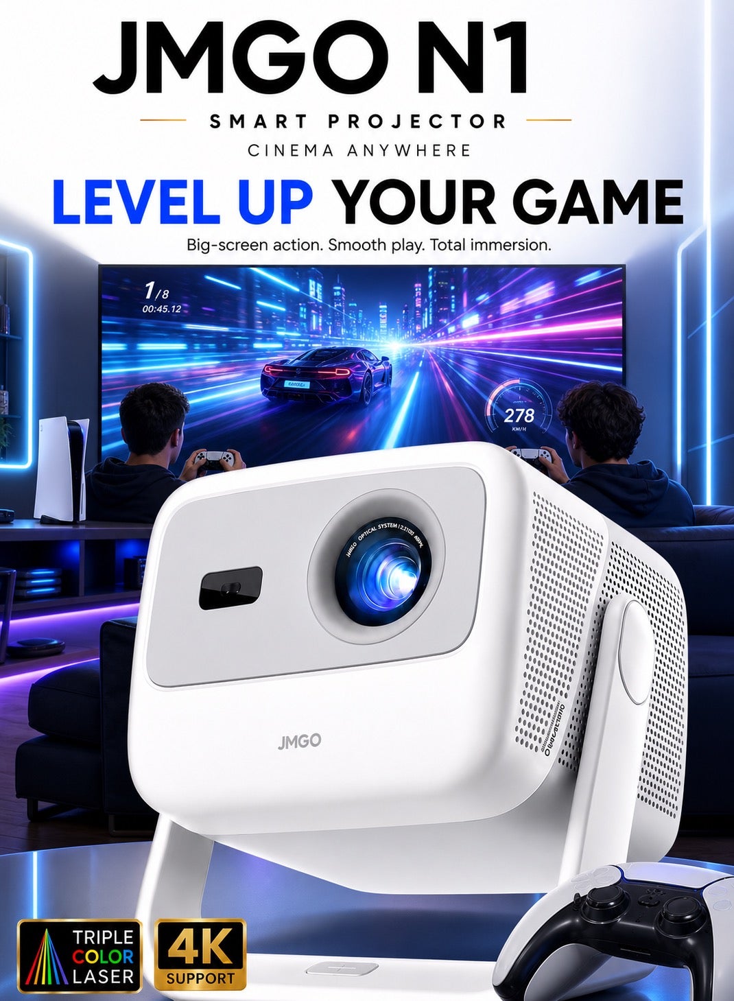 JMGO N1 Portable Projector 1080P FHD, 4K Supported, 150" MALC™ Triple Laser 3D Movie Projector for Home Theater Outdoor, Gimbal Auto Image Correction, 800 Lumens, 2x5W Dynaudio Speakers, Android TV 11