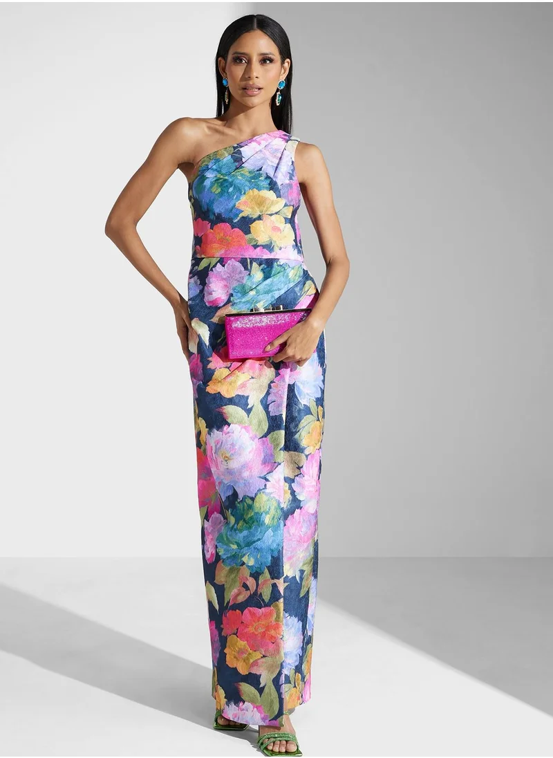 AIDAN MATTOX One Shoulder Front Slit Printed Dress