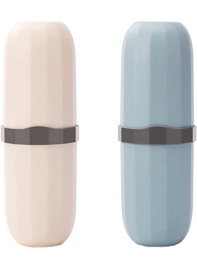 كاست ويف كوب فرشاة الأسنان، حامل فرشاة أسنان للسفر، قطعتين، حافظة فرشاة أسنان محمولة للسفر والتخييم ورحلات العمل والمدرسة، مجموعة فرشاة أسنان بلاستيكية متعددة الوظائف مع معجون أسنان بلونين - Image 1