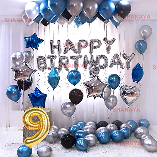 SHANAYA Birthday Decoration Items| 9th Birthday Decoration For Girls Boys Husband Wife| Birthday Decoration Set Kit| 60Pcs Includes Happy Birthday Silver Foil Blue Black Silver Metallic Balloons No9 Foil - Image 1