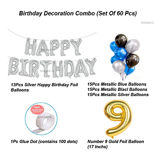 SHANAYA Birthday Decoration Items| 9th Birthday Decoration For Girls Boys Husband Wife| Birthday Decoration Set Kit| 60Pcs Includes Happy Birthday Silver Foil Blue Black Silver Metallic Balloons No9 Foil - Image 5