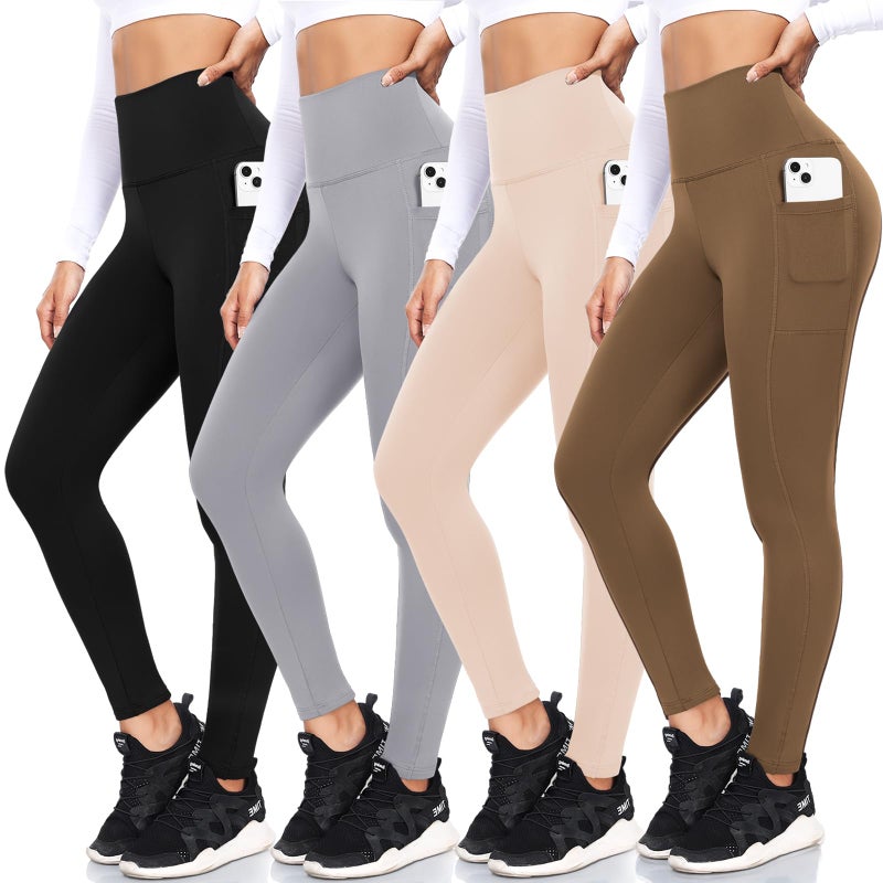 FULLSOFT 4 Pack Fleece Lined Leggings with Pockets for Women High Waisted Thermal Winter Warm Yoga Pants for Workout Running Plus Size(Black, Light Grey, Light Khaki, Mocha(4 Pack),XX-Large-3X-Large) - Image 1