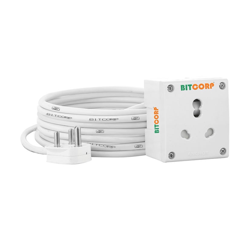 Bitcorp 16A Power Extension Board with 1 Socket, 3500W Surge Protector, 2 Meter Electric Cord for Computer, Fridge, AC, Home and Office Appliances (White) 220 Volts - Image 1