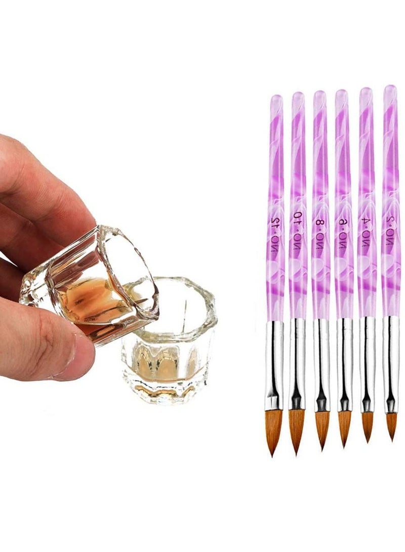 KASTWAVE 2Pcs Nail Art Dappen Dish with 6Pcs Acrylic Nail Brush Set, Acrylic Liquid Powder Styling Tool, Mini Glass Nail Cup with Lid Glass Crystal Bowl Acrylic UV Gel DIY Brush Nail Crystal Cup Set - Image 4
