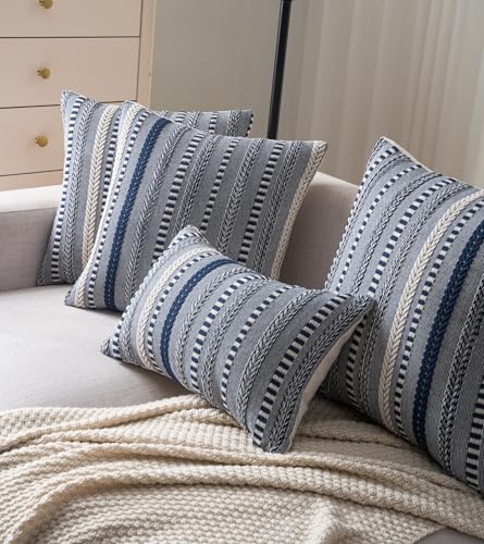 Cethom Boho Throw Pillow Covers 18x18 Inch Set of 2, Farmhouse Decorative Couch Pillow Cases, Navy Blue Accent Pillows of Bed, Sofa Bedroom Living Room Home Decor Cushion Cover - Image 2