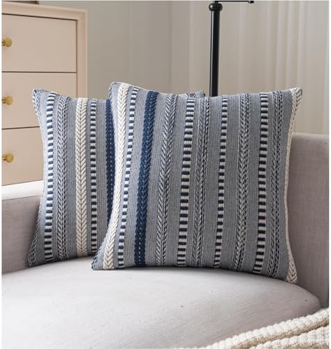 Cethom Boho Throw Pillow Covers 18x18 Inch Set of 2, Farmhouse Decorative Couch Pillow Cases, Navy Blue Accent Pillows of Bed, Sofa Bedroom Living Room Home Decor Cushion Cover - Image 1