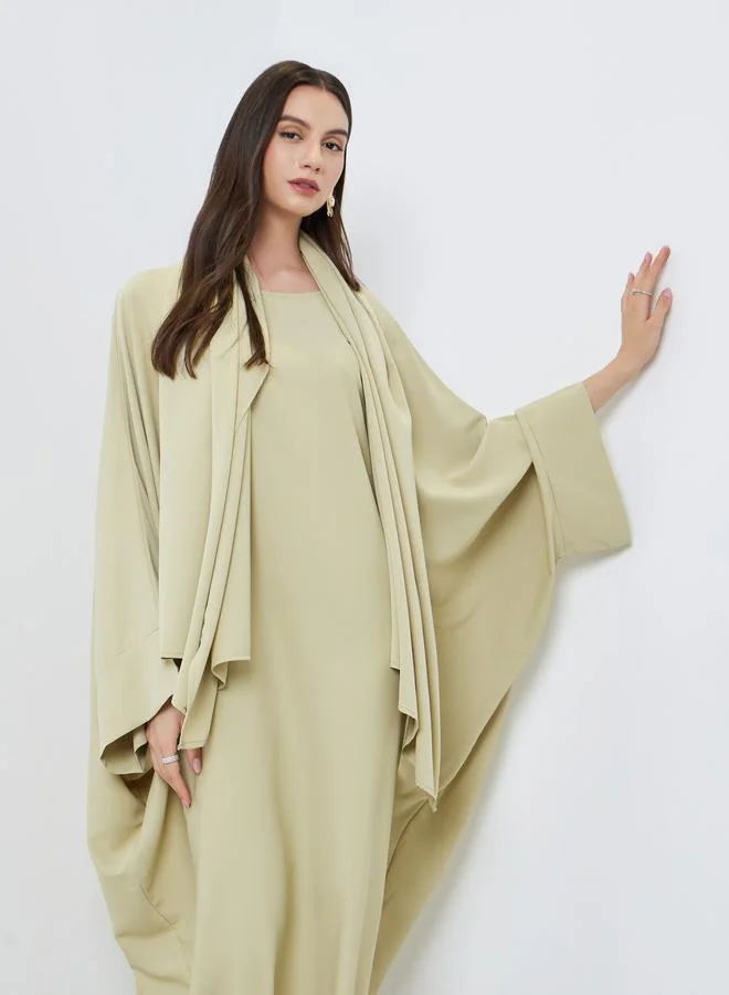 تايك تو Take Two Solid Batwing Sleeve Abaya with Hijab Set