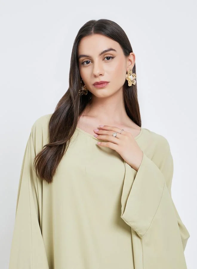 تايك تو Take Two Solid Batwing Sleeve Abaya with Hijab Set