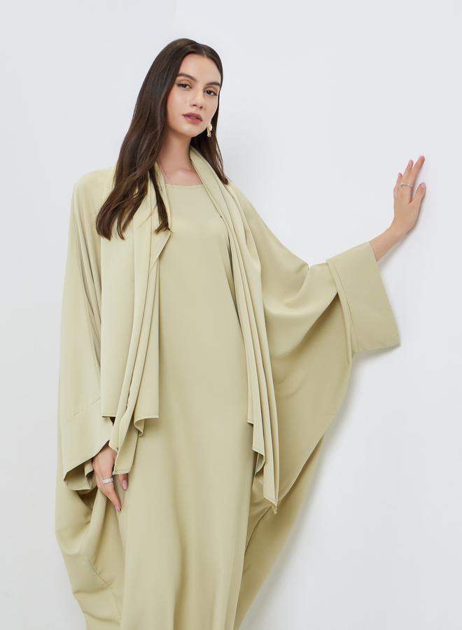 Take Two Solid Batwing Sleeve Abaya with Hijab Set - Image 3
