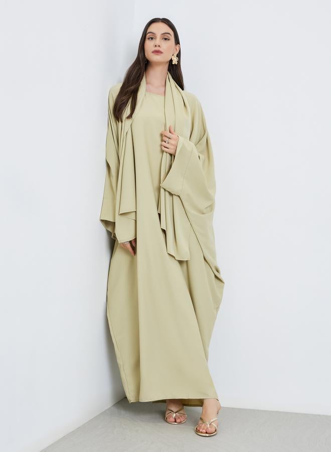 Take Two Solid Batwing Sleeve Abaya with Hijab Set - Image 1