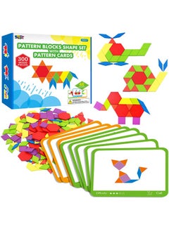 SpriteGru 300 PCS Wooden Pattern Blocks Set for Kids with 24 Double-Sided Design Cards(48 Patterns) and Storage Bag in Gift Box,Fun Montessori Learning Toys  - Image 1