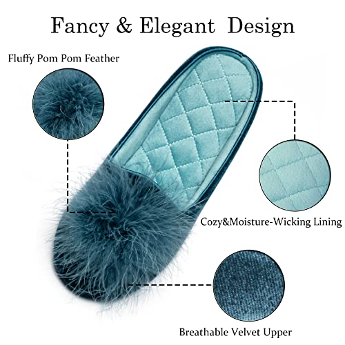 GRITHEIM Women's Fuzzy Pom Pom Feather Velvet House Slippers Sexy Cozy Bedroom Slippers for Ladies Non-slip Sole Indoor Outdoor Turquoise 7-8 - Image 3