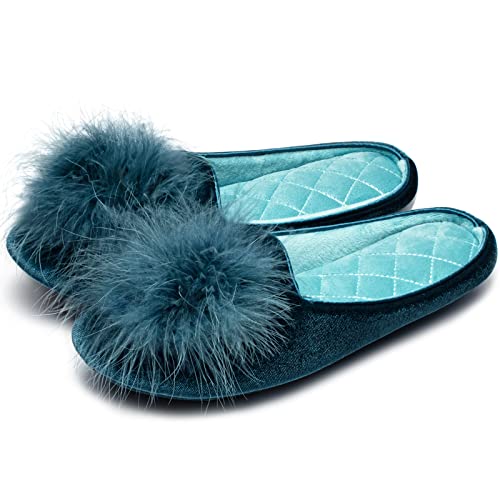 GRITHEIM Women's Fuzzy Pom Pom Feather Velvet House Slippers Sexy Cozy Bedroom Slippers for Ladies Non-slip Sole Indoor Outdoor Turquoise 7-8 - Image 1