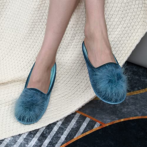 GRITHEIM Women's Fuzzy Pom Pom Feather Velvet House Slippers Sexy Cozy Bedroom Slippers for Ladies Non-slip Sole Indoor Outdoor Turquoise 7-8 - Image 2