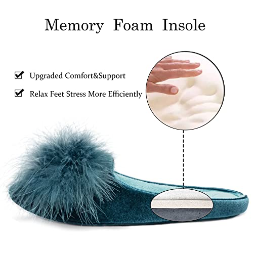 GRITHEIM Women's Fuzzy Pom Pom Feather Velvet House Slippers Sexy Cozy Bedroom Slippers for Ladies Non-slip Sole Indoor Outdoor Turquoise 7-8 - Image 4