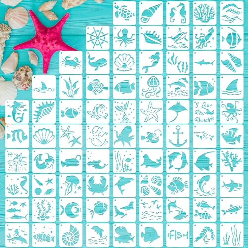 CH HAICHENG 80 Pcs Ocean Animal Painting Stencils Reusable Sea Stencils for Painting on Wood Rocks Canvas Fabric Glass Pottery 2x2 Inch - Image 1