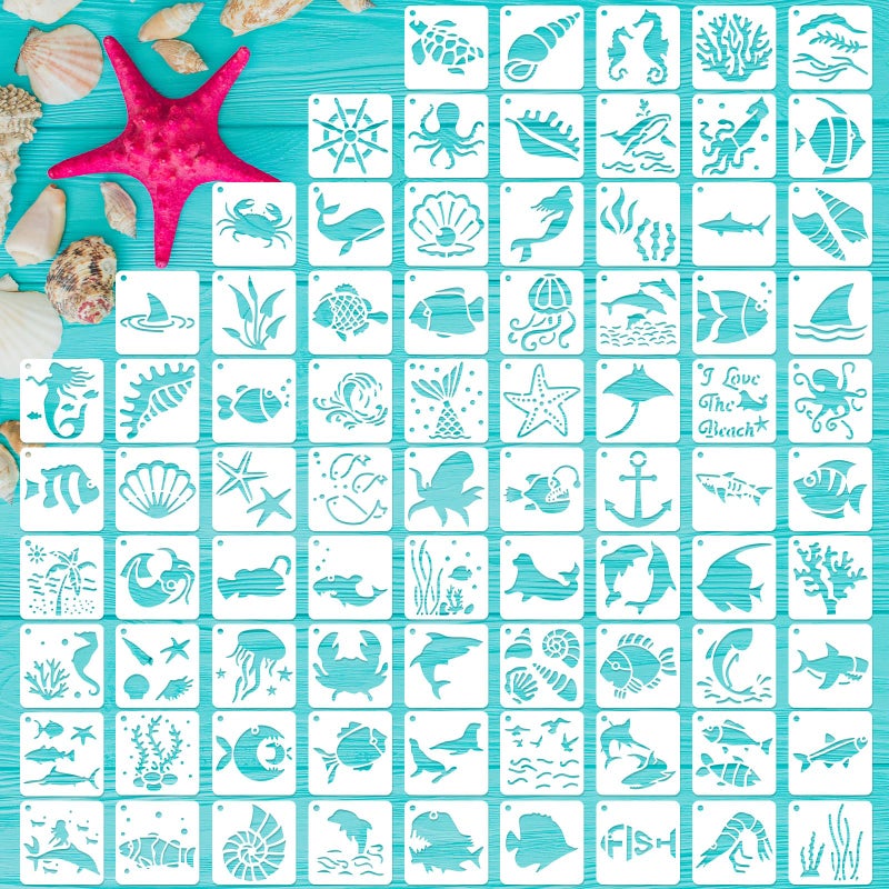 CH HAICHENG 80 Pcs Ocean Animal Painting Stencils Reusable Sea Stencils for Painting on Wood Rocks Canvas Fabric Glass Pottery 2x2 Inch - Image 3