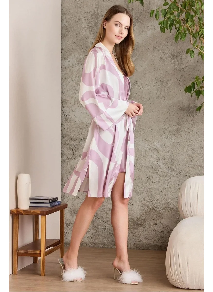 pierre cardin 2420 Women's Satin Printed Dressing Gown Nightgown Set-Rose