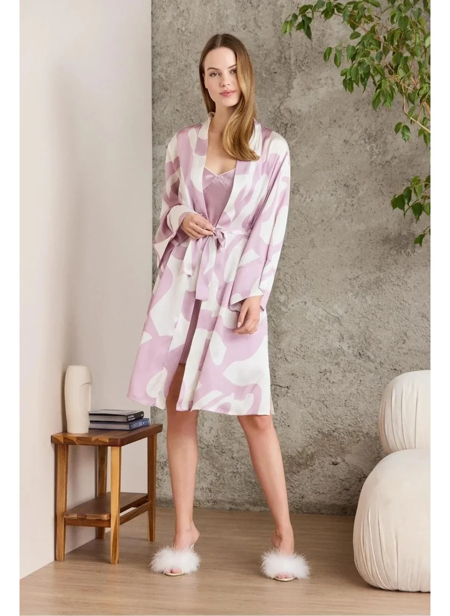 pierre cardin 2420 Women's Satin Printed Dressing Gown Nightgown Set-Rose