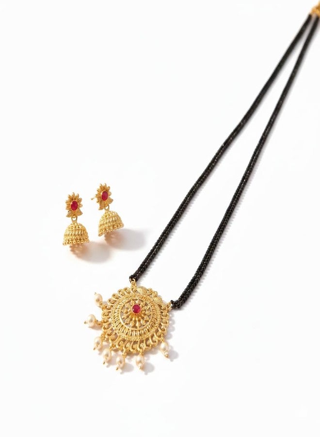 قلادة مانجالسوترا فاتي طويلة تقليدية مطلية بالذهب من AAIKU Maharashtrian مصقولة بدقة للنساء والفتيات (30 بوصة - خطان) - Image 1