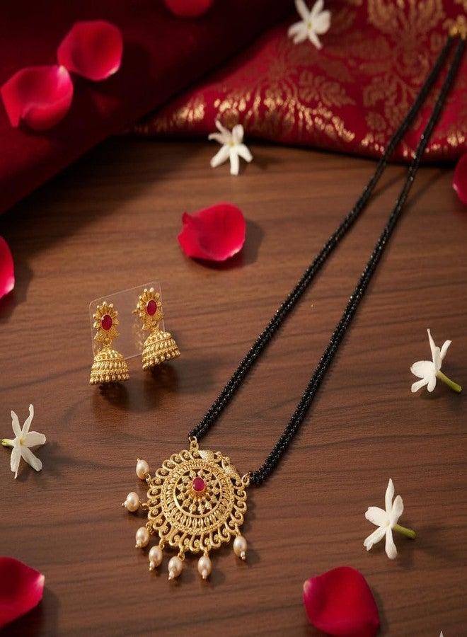 قلادة مانجالسوترا فاتي طويلة تقليدية مطلية بالذهب من AAIKU Maharashtrian مصقولة بدقة للنساء والفتيات (30 بوصة - خطان) - Image 2