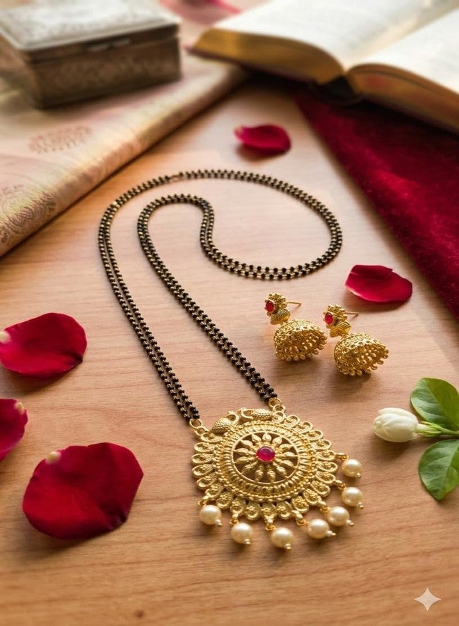 قلادة مانجالسوترا فاتي طويلة تقليدية مطلية بالذهب من AAIKU Maharashtrian مصقولة بدقة للنساء والفتيات (30 بوصة - خطان) - Image 5