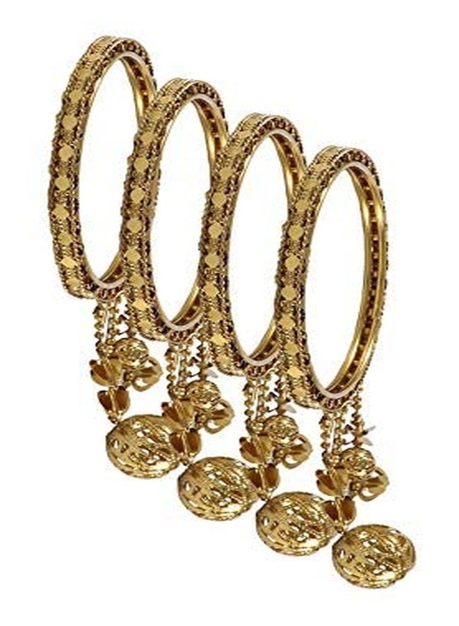 ZULKA Get your traditions Non-Precious Metal Base Metal with Cutting Pattern and Bracelet Bells Glossy Finished Latkan Kada Set For Women and Girls, (Golden_2.8 Inches), Pack Of 4 Kada Set - Image 1