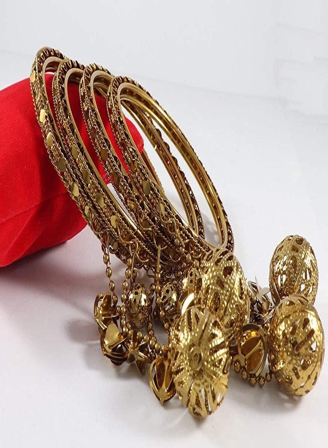 ZULKA Get your traditions Non-Precious Metal Base Metal with Cutting Pattern and Bracelet Bells Glossy Finished Latkan Kada Set For Women and Girls, (Golden_2.8 Inches), Pack Of 4 Kada Set - Image 4